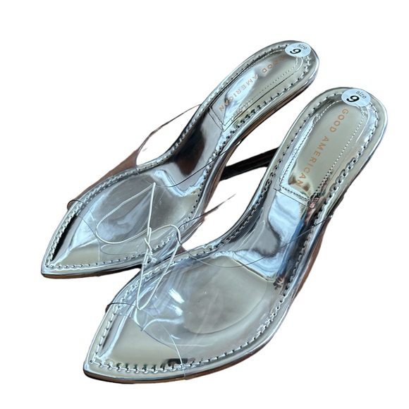 Good American Womens Cinderella Silver Mirror Clear Wedge NWOT Size:9 - Picture 2 of 4